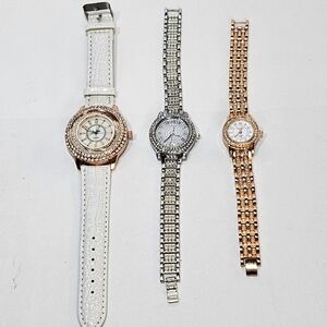 Woman's Watch Set 3pc. Gold, Silver, White Leather w/ Diamond Bezels